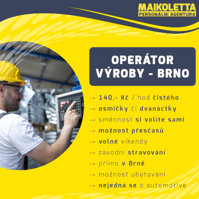 Volná pozice: Operátor výroby - Brno | Maikoletta s.r.o.,personální agentura, personální agentura Blansko, personální agentura Brno, personální agentura Olomouc, personální agentura Prostějov, personální agentura Vyškov, personální agentura Letovice, agenturní zaměstnávání, agenturní zaměstnanci, personální agentura Praha, personální agentura Liberec, personální agentura Jablonec nad Nisou, personální agentura Hrádek nad Nisou,Brno,Operátor výroby,nabídka,práce,nabídka práce,nabídka práce Brno,práce Brno,práce s ubytováním Brno, ubytování Brno, práce Operátor výroby, nabídka práce Operátor výroby