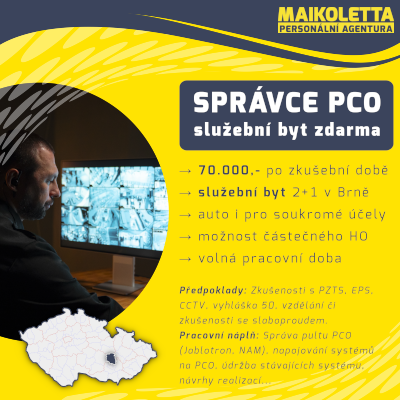 Volná pozice: Správce PCO - Brno | Maikoletta s.r.o.,personální agentura, personální agentura Blansko, personální agentura Brno, personální agentura Olomouc, personální agentura Prostějov, personální agentura Vyškov, personální agentura Letovice, agenturní zaměstnávání, agenturní zaměstnanci, personální agentura Praha, personální agentura Liberec, personální agentura Jablonec nad Nisou, personální agentura Hrádek nad Nisou,Brno,Správce PCO,nabídka,práce,nabídka práce,nabídka práce Brno,práce Brno,práce s ubytováním Brno, ubytování Brno, práce Správce PCO, nabídka práce Správce PCO